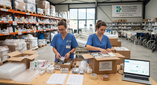 Pharmaciens bénévoles au travail dans l'entrepôt P.H.A.M.M.